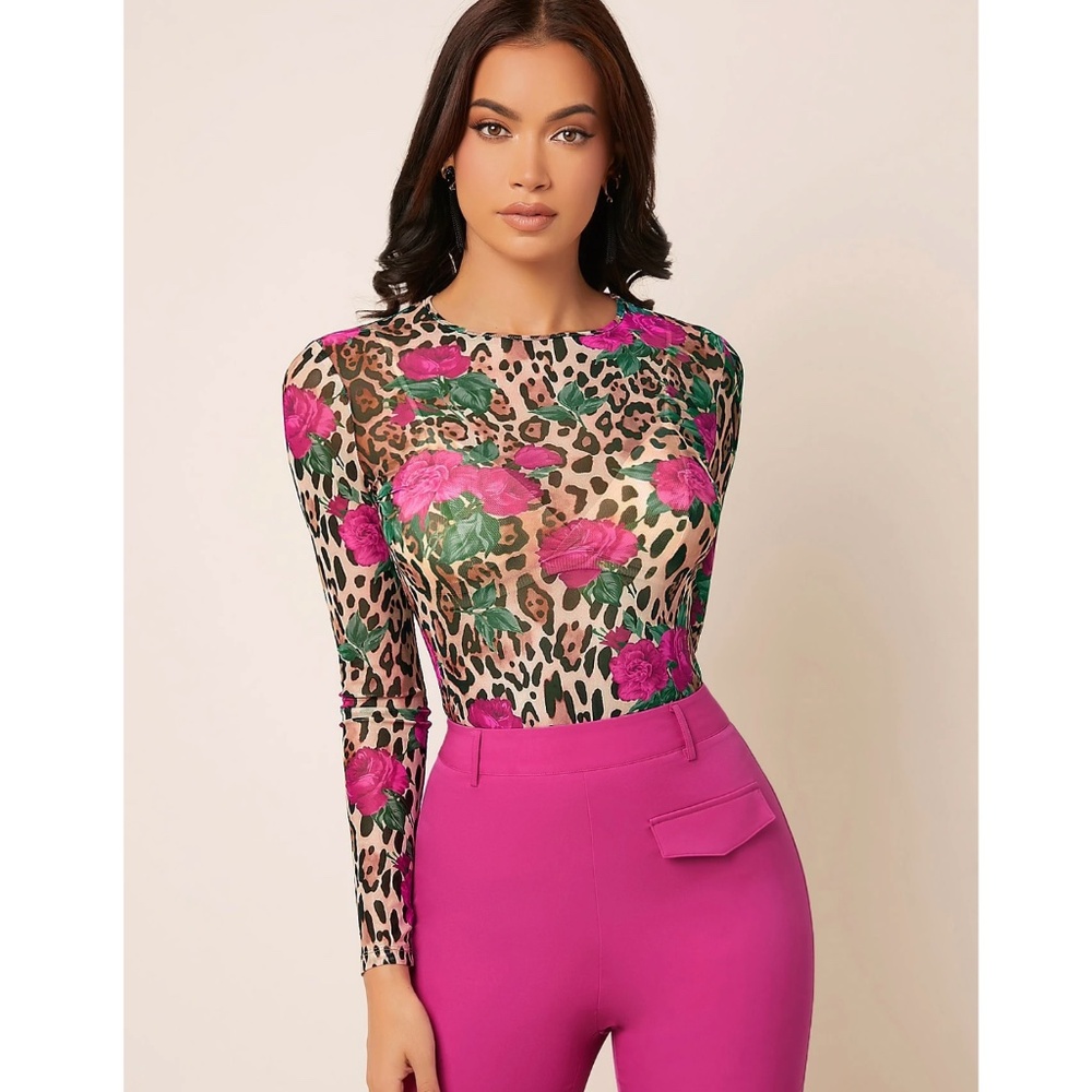 Pink Floral Cheetah Animal Print Mesh Long Sleeve Shirt - Picture 4 of 7